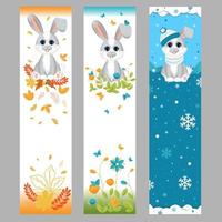 Set of vector bookmarks. Cute little rabbit in different seasons.