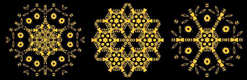 Set of circular geometric ornaments on black background.
