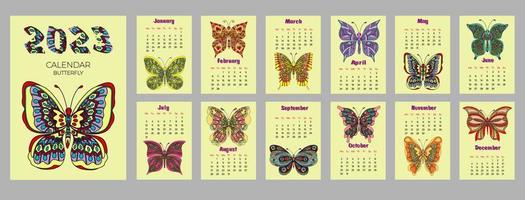 calendario 2023 con mariposa en estilo zentangle. la semana comienza el lunes. vector