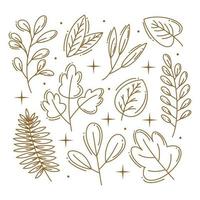 Gold hand drawn plant leafs collection vector