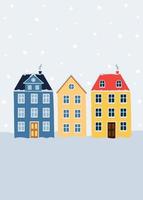 Christmas greeting card with winter landscape in city. Template for greeting card, invitation, poster, flyer. vector