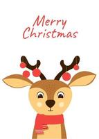 Christmas greeting card with cute deer head with red scarf. Hand drawn cartoon character vector