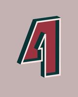 Vector number 4 with 3D effect in retro style. Well red and Deep Teal colors