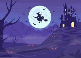 Flying witch on broomstick flat color vector illustration. Full moon magic. Scary aesthetic for fall festival. Fully editable 2D simple cartoon character with spooky Halloween night on background