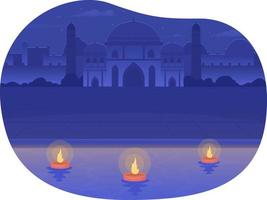 Jal Mahal palace and floating diyas 2D vector isolated illustration. Hindu temple architecture flat landscape on cartoon background. Colourful editable scene for mobile, website, presentation