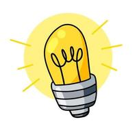 Light Bulb. Yellow electric device. Hand drawn illustration. Cartoon doodle lighting concept and idea vector