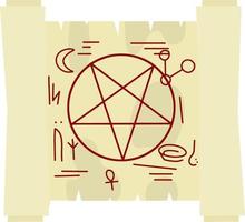 Papyrus scroll with magic spell. Star pentagram on paper. The element of the sorcerer and witch. Cartoon flat illustration vector