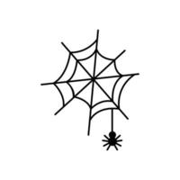 Cobweb halloween doodle line art. Cobweb with spider cartoon art. Hand drawn clipart, outline vector illustration isolated on white background.