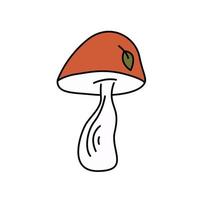 Orange-cap boletus groovy mushroom doodle. Element autumn collection. Black outline isolated on a white background. Hand drawn line art, cute vector illustration.