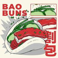 Vector illustration.Taiwanese snack Gua bao. A piece of stewed meat with cucumber and green onion in steamed buns. Asian cuisine wallpaper for menu, cafe, restaurant. text translation-baozi