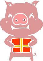 angry flat color style cartoon pig with christmas gift vector