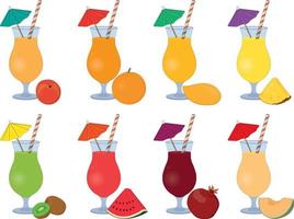 Fresh juice cocktails collection in high glass with drinking straw and cocktail umbrella vector illustration