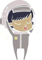 chica astronauta bonita de dibujos animados de estilo de color plano quitándose el casco vector