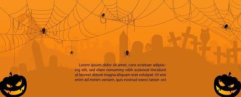 Silhouette of jack lanterns with example text on atmosphere of graveyard on Halloween scary day with orange color tone background. Card and poster of Halloween day in web banner and vector design.