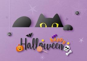 Black cat hide peek with wording and symbols of Halloween day in paper cut style on purple paper pattern background. Halloween greeting card in paper cut style and vector design.