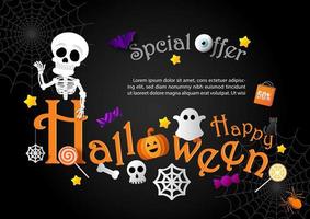 Cute sign and symbols of Halloween with sale wording and example texts on black background. Halloween sale banner in paper cut style and vector design.