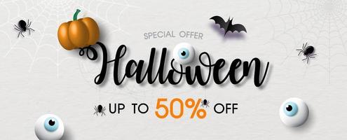 Shop banner and sale advertising with sign object of Halloween day in 3d and paper cut style on white paper pattern background. All in banner and vector design.