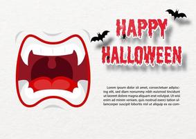 Mouth of Dracula evil with Halloween wording, spider web, bats flying and example texts on white paper pattern background. Halloween greeting card in paper cut style and vector design.