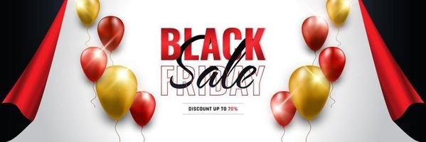 Black Friday Sale Banner with Red and Gold Helium Balloons and Open Gift Wrap Paper Background. Advertising and Promotion Banner Design for Black Friday Campaign. Shopping Website Header Template vector