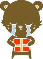 crying flat color style cartoon bear with present vector