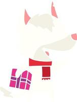 flat color style cartoon wolf with christmas present laughing vector