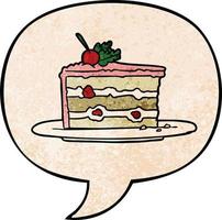 cartoon tasty dessert cake and speech bubble in retro texture style vector