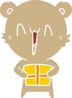 happy bear with gift flat color style cartoon vector