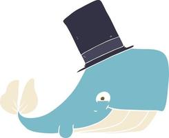 flat color illustration of a cartoon whale in top hat vector