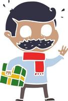 hombre de dibujos animados de estilo de color plano con bigote y regalo de navidad vector