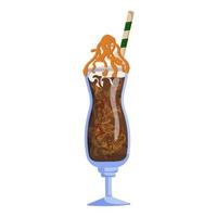 Glass cup of coffee with whipped cream and a straw. Sweet coffee drink with additives. Vector