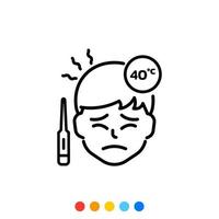 A man icon with a high fever and measuring the fever forty degrees, Vector. vector