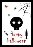 Happy Halloween postcard with skull, spider webs and spiders. vector illustration