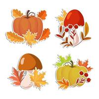 conjunto de pegatinas de otoño, calabazas, champiñones y bellotas con hojas de otoño y serbal. ilustración, iconos, plantilla, vector
