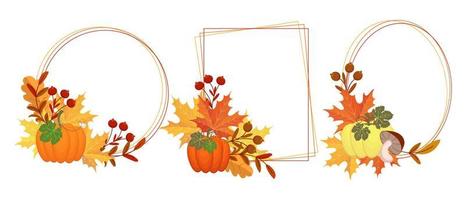 Thanksgiving geometric frames set. Compositions of pumpkins, autumn leaves, mountain ash and mushrooms. Greeting card for text, vector