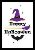 Happy Halloween postcard with witch hat, broom and bat. vector illustration