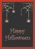 Happy Halloween postcard with spider webs and spiders on a dark background. vector illustration