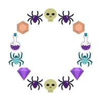 Round Halloween frame with spiders, skulls, potion and crystals. vector illustration