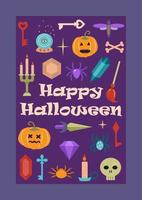 Happy Halloween postcard with pumpkins and magical attributes. vector illustration