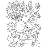 perezoso durmiendo en el libro detrás de un jarrón de flores hoja de arce bellota otoño otoño vector páginas para colorear esquema