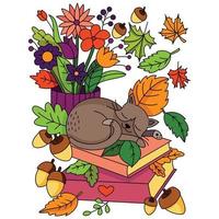 perezoso durmiendo en el libro detrás de un florero hoja de arce bellota otoño otoño vector páginas para colorear