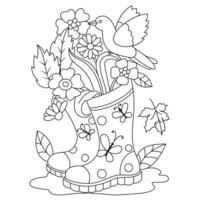 Bird on the colorful decorative boot flowers butterfly maple leaf Autumn Fall season coloring pages vector