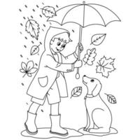 Dog and Girl on a rainy day Autumn leaves maple leaf Fall season coloring illustration pages vector