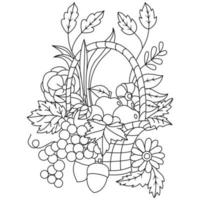 A big fruit basket full of seasonal fruits flowers Autumn Fall season coloring illustration pages vector