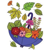 paraguas lleno de hojas de otoño y flores regalo hojas de arce temporada de otoño vector