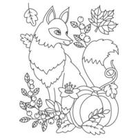Fox in autumn themes like berries leaves with pumpkin autumn seasonal or thanksgiving coloring pages outline vector