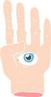 flat color illustration of a cartoon spooky hand with eyeball vector