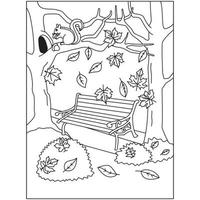 Squirrel on tree branch and a bench between two trees maple leafs Autumn Fall season coloring pages vector