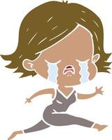flat color style cartoon girl crying whilst running vector