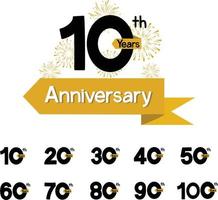 set of Anniversary 10, 20, 30, 40, 50, 60, 70, 80, 90, 100 years on white background. vector
