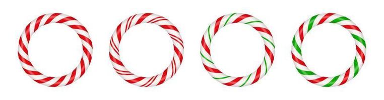 Christmas candy cane circle frame with red and green striped. Xmas border with striped candy lollipop pattern. Blank christmas and new year template. Vector illustration isolated on white background